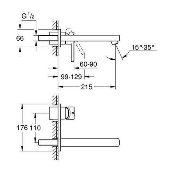 Monomando Handfat Väggmonterad - Grohe - Lineare - Rör 210Mm - Messing - Fast - Grå
