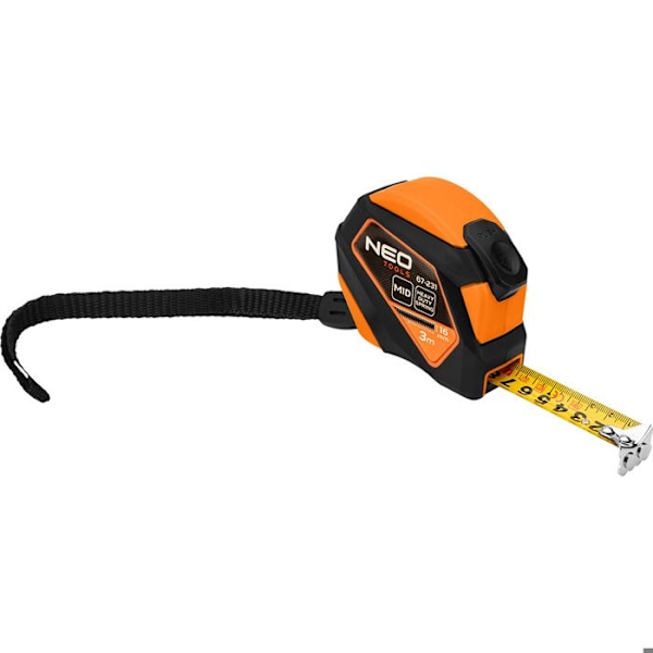 Måttband i stål, 3 m x 16 mm, automatisk låsning, stoppknapp, magnet