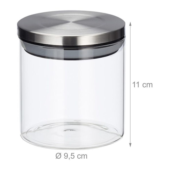 Relaxdays Förvaringsburkar set om 3, 380 ml, vattentätt, rostfritt stållock, Kryddor, ris och te, Köksbehållare transparent, silver