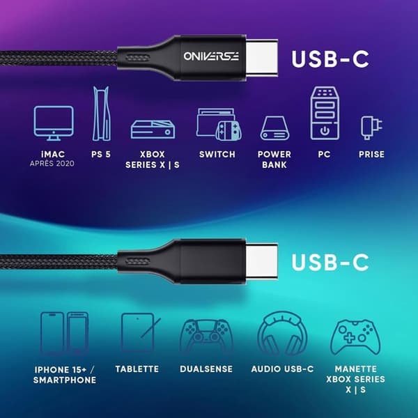 USB-C-kabel - ONIVERSE - Typ C till Typ C 3 m - Snabbladdning 2,4 A - Förstärkt flätad - Kompatibel med PS5/Xbox/Switch/iPhone 15