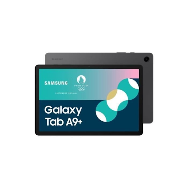 Galaxy A9+ smartphone med 11' LCD-skärm, Qualcomm SM6375-processor, 4 GB RAM och 64 GB lagring.