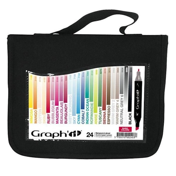 Alkoholmarkörer - GRAPH'IT - Kit med 24 - 2 japanska tips - Grundfärger - Outplånliga 24 grundfärger