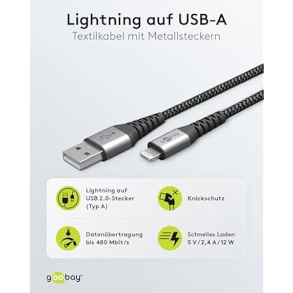 Lightning-kabel - GOOBAY - 49268 - MFi-certifierad - Hållbar textilkabel - 1 m x
