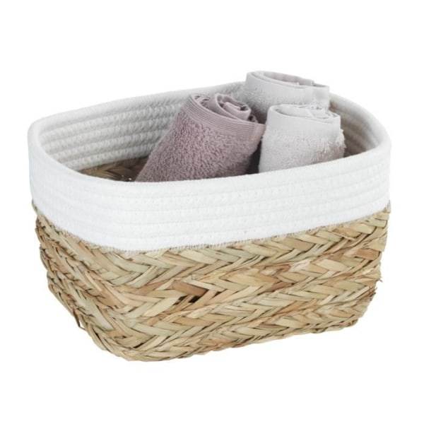 WENKO RIKA Flätad naturlig förvaringskorg, liten dekorativ korg för badrum, baby, sovrum, vit, L18 x H15 x D25 cm vit och brun