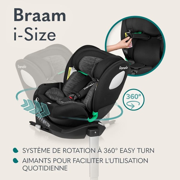 Bilbarnstol 360° LIONELO Braam iSize - ISOFIX - Svängbar bas 360° - 40-150 cm - Grupp 0/1/2/3 - Svart svart och grått