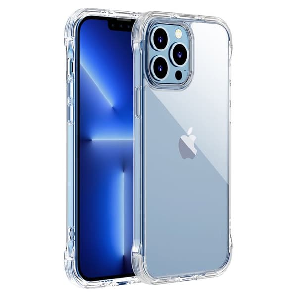 Transparent skyddsfodral för iPhone 13 Pro Max, med krokar och stöd.