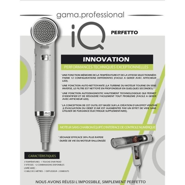 Gama IQ PERFETTO professionell hårtork - Grå - 3 temperaturer - 3 hastigheter - 1 touch av kall luft