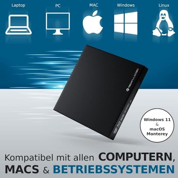 Extern Blu-Ray-brännare - TECHPULSE120 - Ultra Slim - USB 3.0 - Kompatibel med Windows, Mac, Linux
