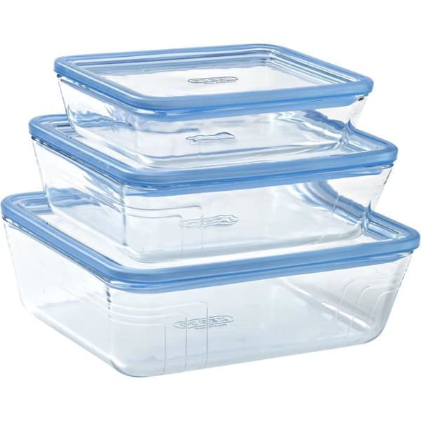 Set med 3 Förvaringslådor med lock - PYREX - Zero Plastic - Glas - Rektangulär - 0,8/1,5/2,6 L klar och blå