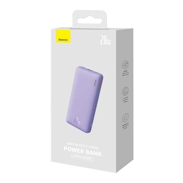 USB Extern Batteri, Typ-C, Mikro-USB, 20W, 10000mAh + Typ-C Kabel - Baseus Airpow (P10022801513-00) - Nebula Lila