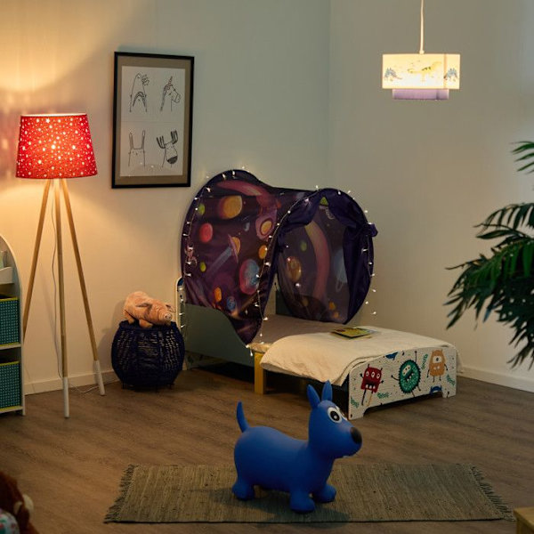 Relaxdays Tält för barn, "pop up" system, till din lilla älsklings säng, planeter, LP 220x79 cm, flerfärgad mörkblå, gul, ljusblå