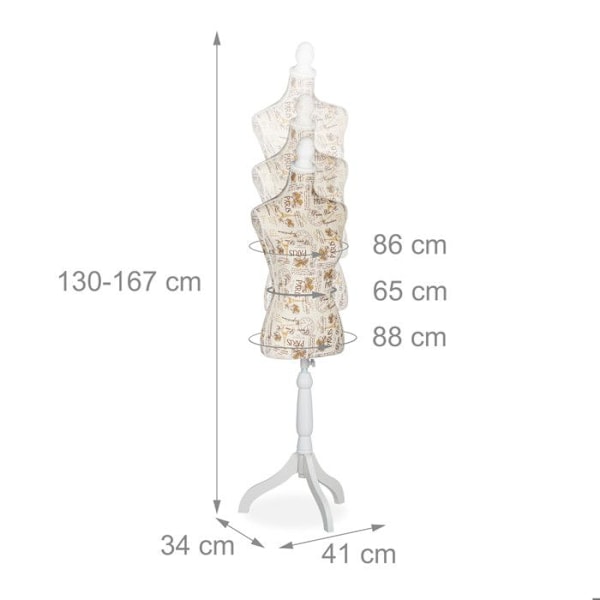 Relaxdays sömnadsmannequin, kvinna, justerbar höjd, H x L x P : 167 x 41 x 34 cm, dekorativ byst för skyltfönster, crème grädde, vit