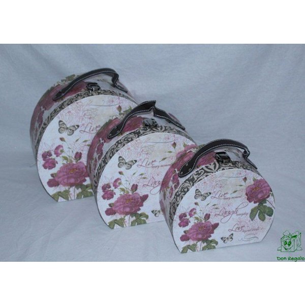 Set av resväskor Drw - 1 - DonRegaloWeb Set med 3 resväskor i kartong med handtag i konstläder dekorerade med blommor