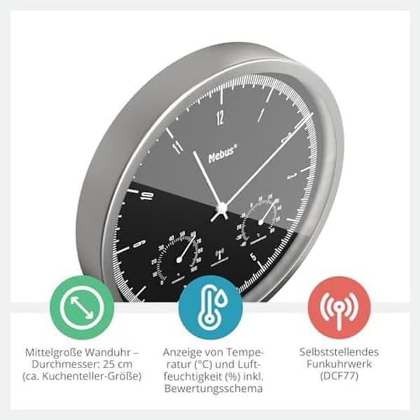 Väggklocka - MEBUS - TinyTime 1977 - Radiostyrd - Tyst - 25 cm Silver/svart