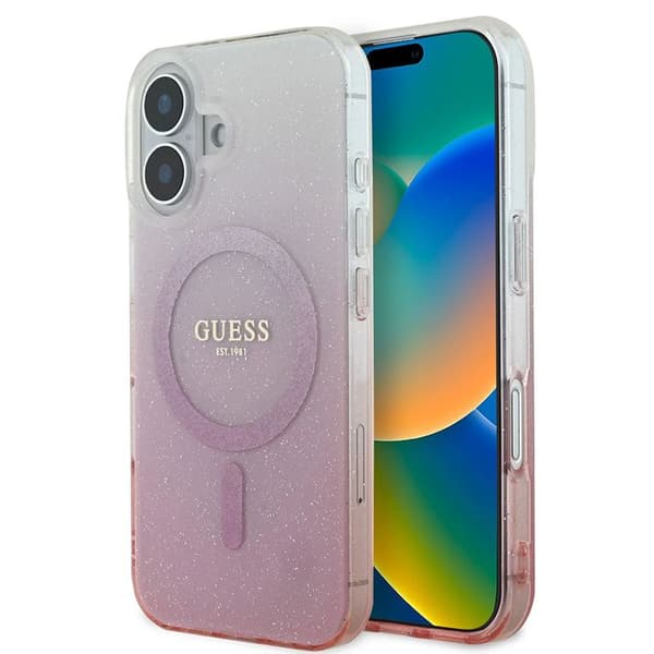 Coque Guess IML Glitter Gradient MagSafe för iPhone 16 - Rosa Rosa