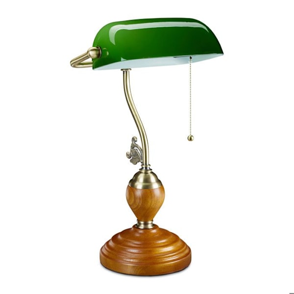 Relaxdays banklamp med dragströmbrytare, lutande lampskärm, träbas, retrodesign, E27-sockel, kontor. grön, guld, ljusbrun