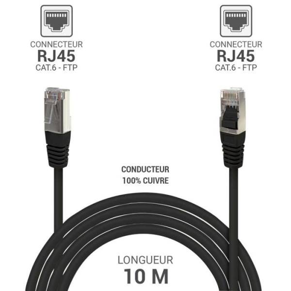 RJ45 Ethernet nätverkskabel Cat 6 FTP 33530 skärmad 250MHz 100% kopparledare Längd 10m Svart