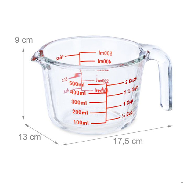 Relaxdays Mätglas, 500 ml, värmebeständig, för mikrovågsugn, graderad ml, oz, amerikanska koppar, transparent genomskinlig, röd