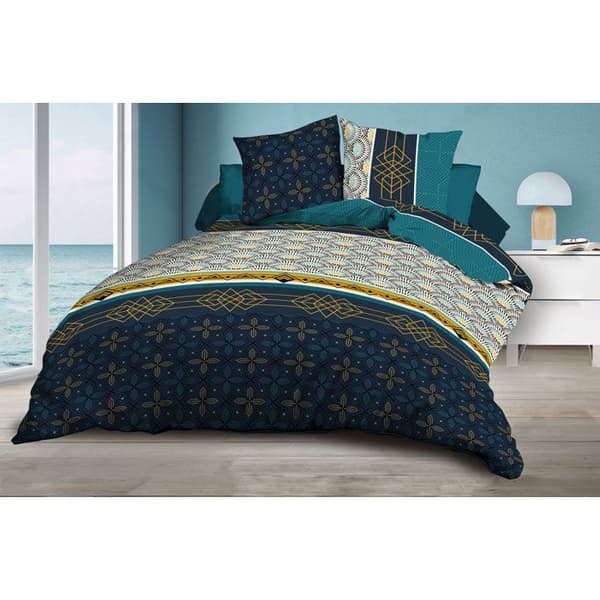 Påslakan 240x260 + 2 örngott - Microfiber - Biarritz Blå, Guld, Vit