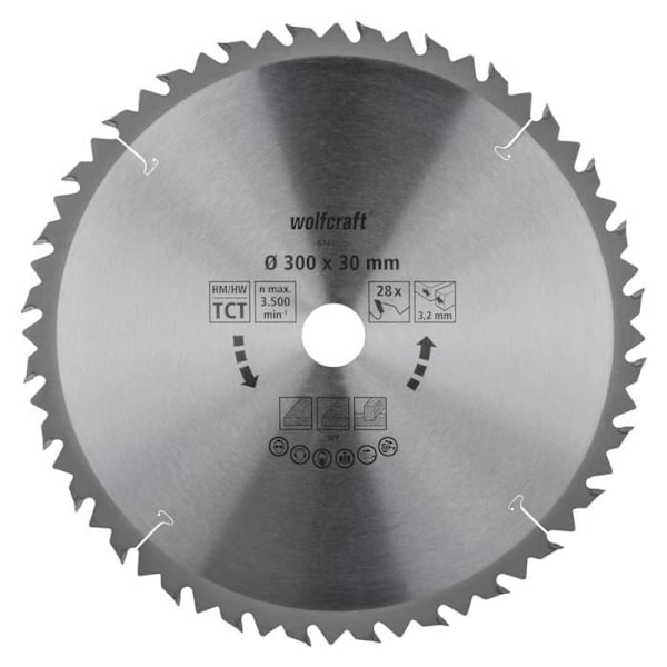 Cirkulärt bordssågblad - wolfcraft - 28 tänder - Diameter 300 mm - Volframkarbid - Ref. 6741000