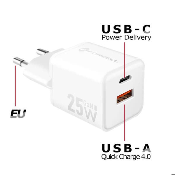 GaN III 35W Väggladdare med USB-C + USB Mini Format Forcell Vit