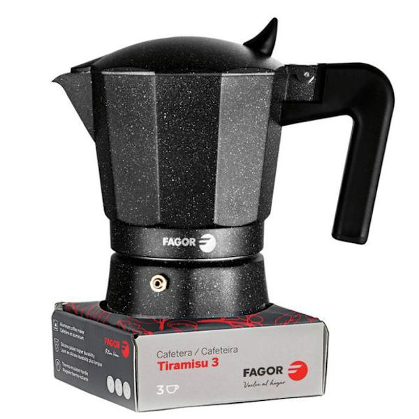 Italiensk Aluminium Espresso Kaffeemaskine, 6 Tasse Kaffe, Vitrokeramisk, Gas FAGOR Tiramisú Sort 00413 Svart
