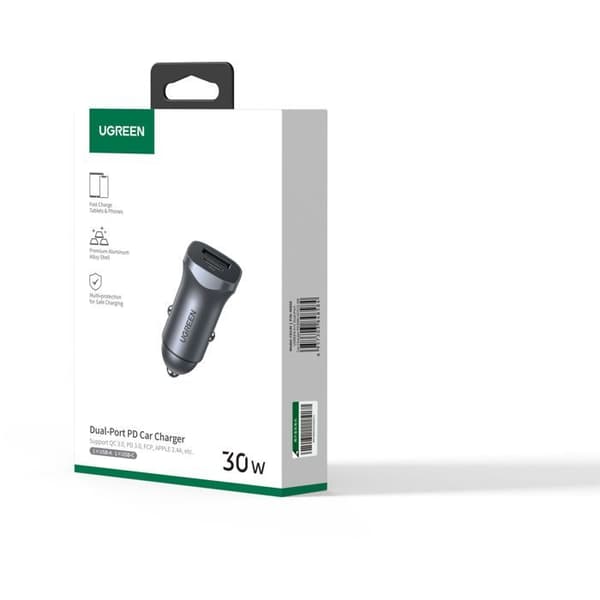 Bil laddare - UGREEN - 1 USB-C + 1 USB-A - 30W - Grå Anodiserad grå och svart