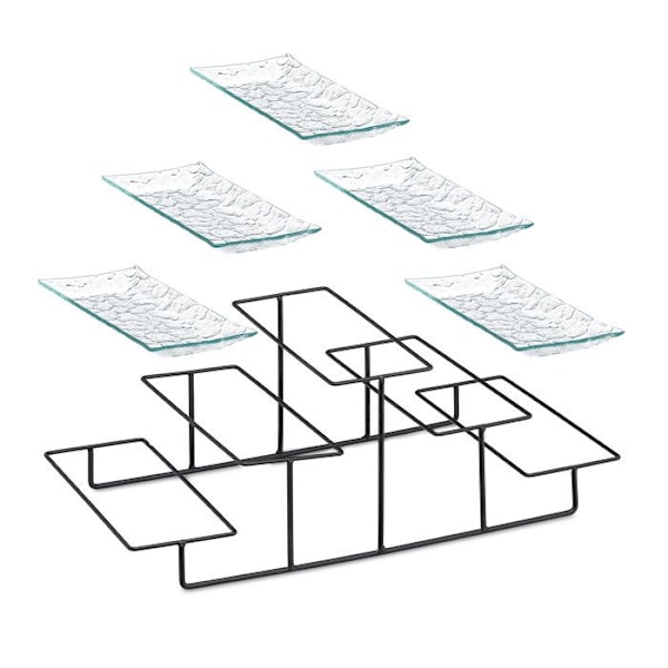 Relaxdays Tårtfat, 3 nivåer, 5 servisfat i glas, järn, 17,5 x 46 x 24,5 cm, transparent/svart transparent, svart