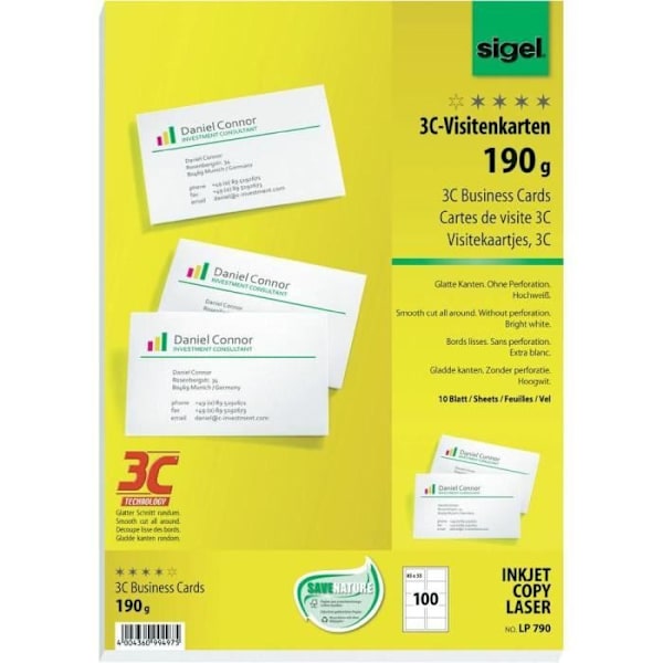 Visitkort - Sigel - LP790 - 100 stycken - 85x55 mm - 190 gm² - Vit Vit