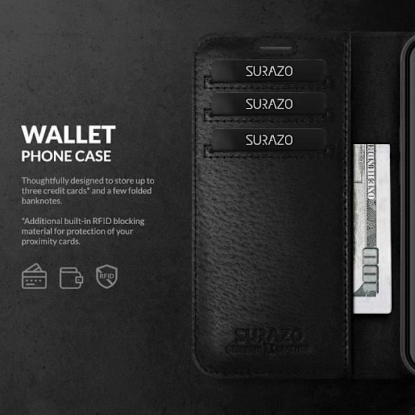 Skyddsfodral - SURAZO - Samsung Galaxy S21 - Äkta läder - RFID-skydd - Stödfunktion Svart