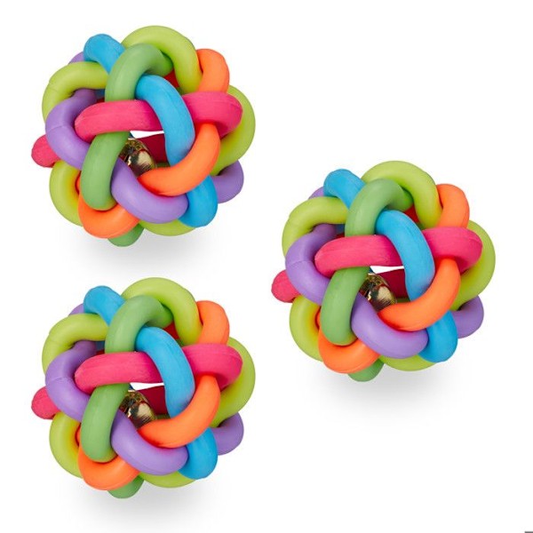 Relaxdays leksak för katt och hund i 3-pack, boll med bjällra inuti, diameter: 6,5 cm, flerfärgad gul, blå, stark rosa