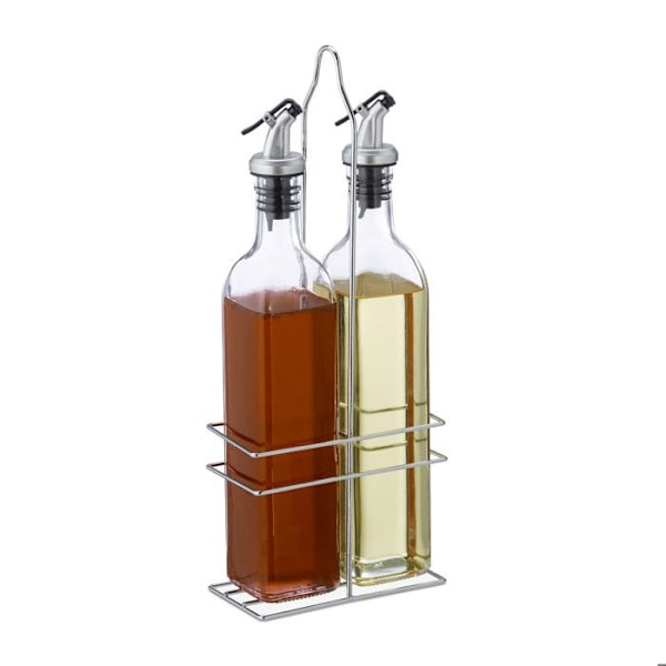 Relaxdays Set olja och vinäger, 2 flaskor à 500 ml med ställ i järn, MÅTT: ca 34 x 13,5 x 7,5 cm, transparent transparent, silver