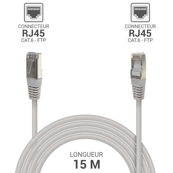 RJ45-kabel Cat. 6 skärmade FTP Ethernet Grå färg 15m