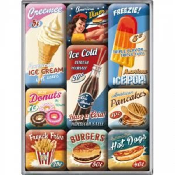 Magneter - Vintage USA Amerikansk Diner - Set med 9 - Hamburger - Korv - Donut