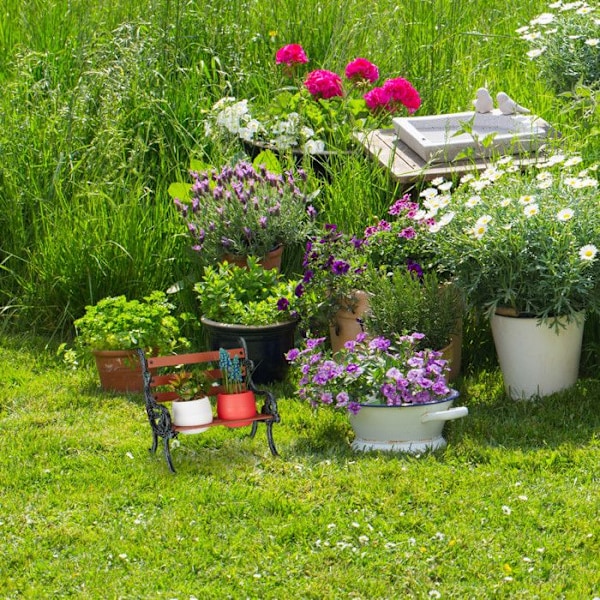 Relaxdays blomsterbänk, gjutjärn och trä, växtstöd för blomkrukor, olika dimensioner, brun/grön-grå brun, grå