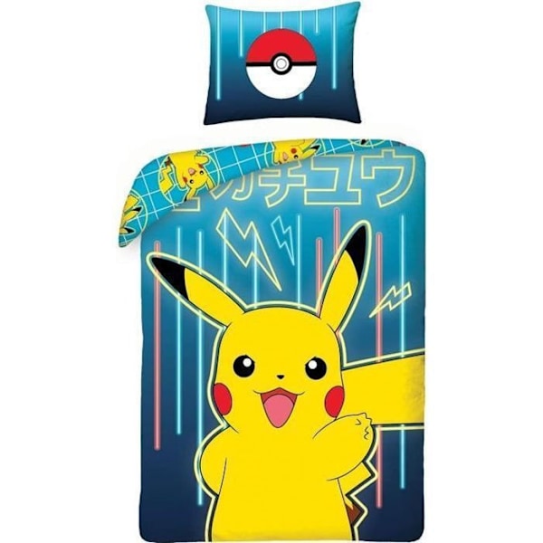 Pokemon Neon Sängkläder Set 100% Bomull - Vändbart påslakan 140x200 cm + Örngott blått och gult