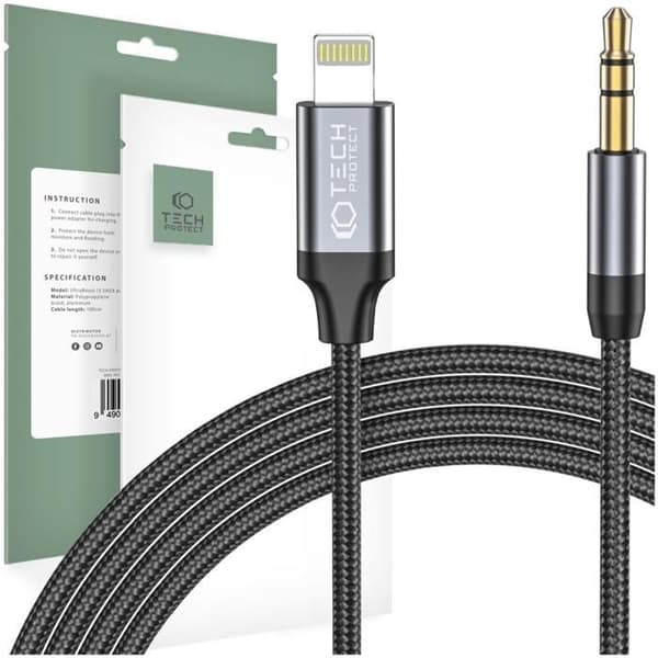 Lightning-kabel Tech-Protect till Mini-Jack Aux 3,5 Mm, 100 Cm, För Iphone 12 Svart