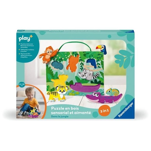 Ravensburger play+, Sensoriskt och magnetiskt träpussel - I djungeln, 6-36 månader, Första ålder, baby Flerfärgad