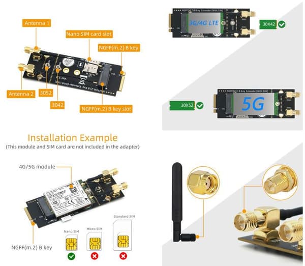 M.2 B-Key-adapter + Nano SIM för 3G/4G/5G-moduler (3042/3052) med 2 antenner - KALEA