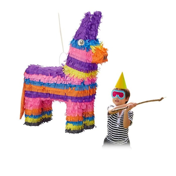 Relaxdays Pinata Donkey att hänga barn för att fylla födelsedagsdekoration regnbåge HxBxD: 55 x 40 x 13 cm, färgglad violett, klar rosa, orange