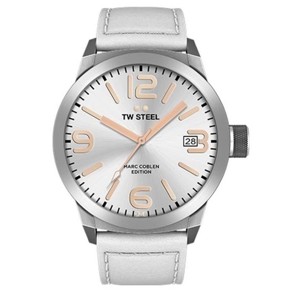 Herrklocka - TW Steel - TWMC44 - Silver - Vitt läder - Analog kvarts Silver