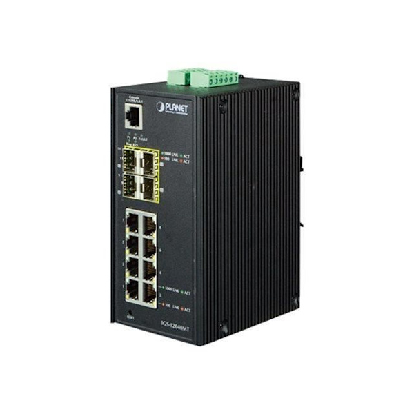 PLANET IGS-12040MT Managed Switch 8 x 10-100-1000 + 4 x Gigabit SFP DIN-skenamontering, väggfäste 24V AC - 12 72V...