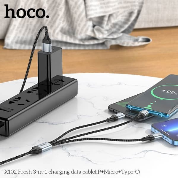 HOCO 3-i-1 USB till Lightning (iP) / USB-C / Micro-USB 1 m - Flätad nylon, 2.4A
