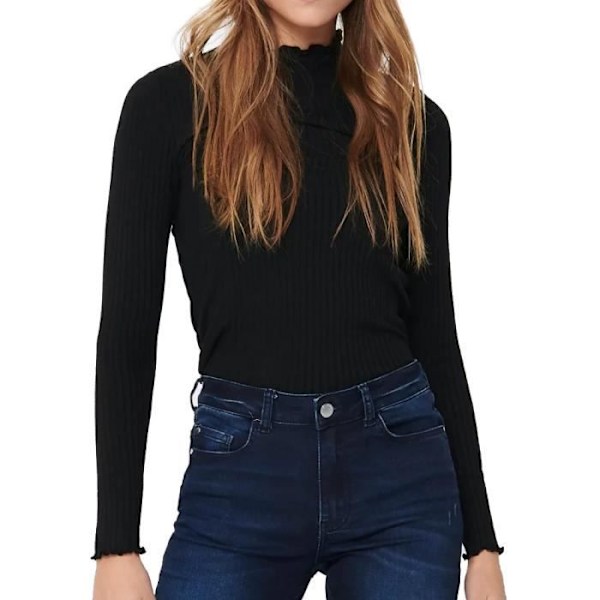 T-shirt dam - Jacqueline de Yong - Svart topp - Långa ärmar - Högt krage - Ribbad tyg Svart XS
