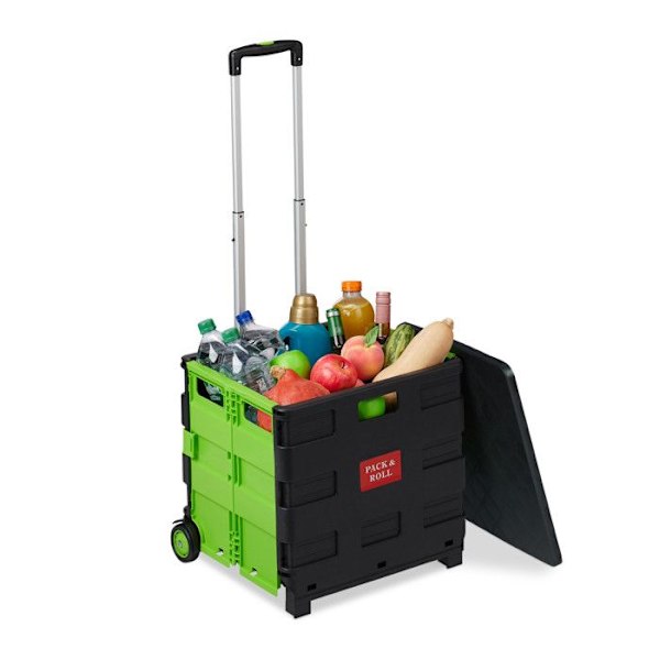 Relaxdays shoppingvagn, hopfällbar, upp till 35 kg, 50 l korg, teleskophandtag, 2 hjul, grön/svart grön, svart, silver