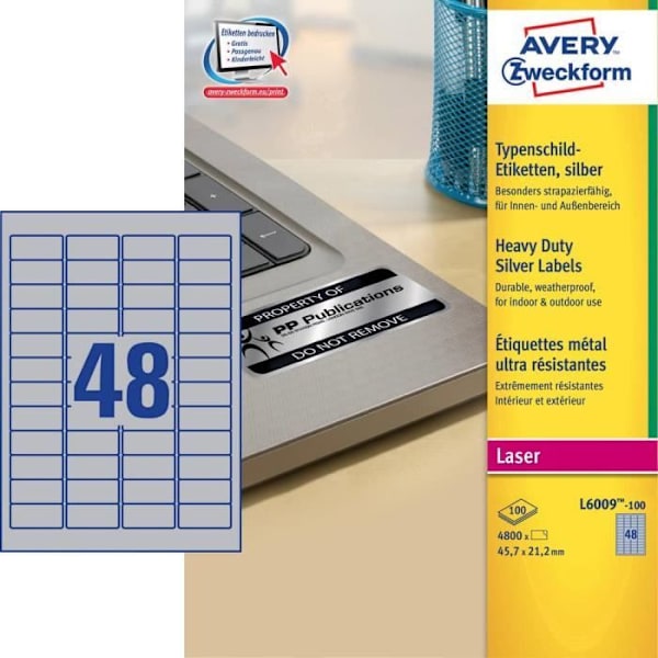 Avery-Zweckform L6009-100 Namnskyltetiketter 45,7 x 21,2 mm Polyesterfolie Silver 4800 st Permanent