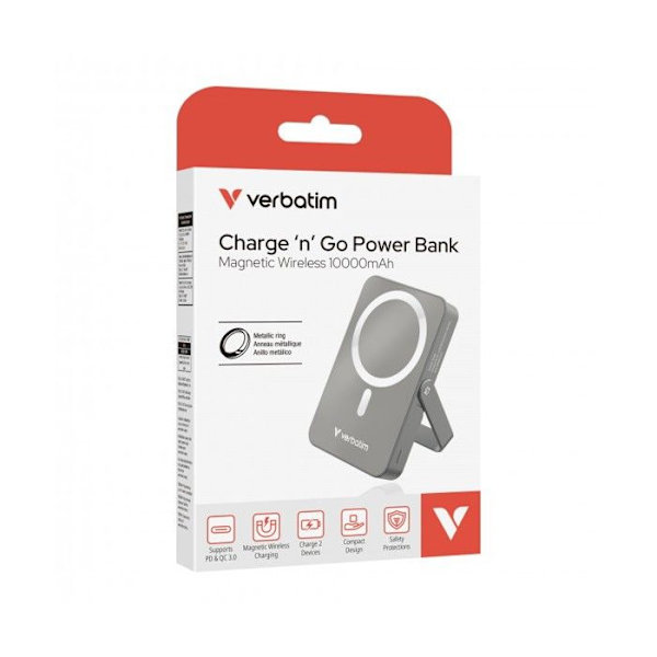 Batteri Externt - VERBATIM - Ladda 'n' Gå - 10 000 mAh - MagSafe - Snabbladdning 15 W grå