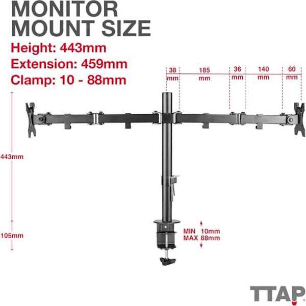 Stödmonter - Ttap - Dubbelarm - 90° lutning - 360° rotation - VESA 75x75/100x100