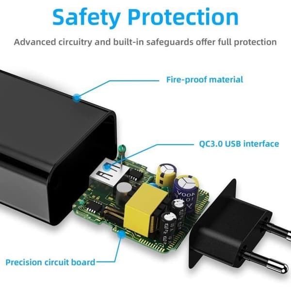 Snabbladdare USB - GENERISK - Quick Charge 3.0 - 18W - USB Typ C-kabel 2M - Överspänningsskydd