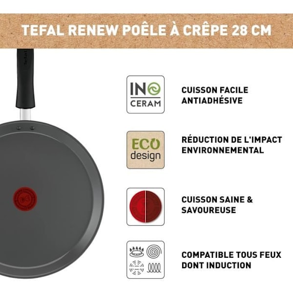 Tefal Stekpanna för crepes 28 cm Keramisk beläggning Ekodesign Återvunnen Hälsosam matlagning Thermo-Signal Tillverkad i Frankrike Renew C4253913